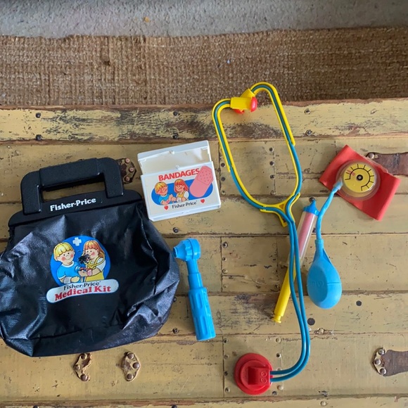 VINTAGE FISHER-PRICE BLACK DR.'S BAG MEDICAL EXAM BAG & ACCESSORIES INSTRUMENTS